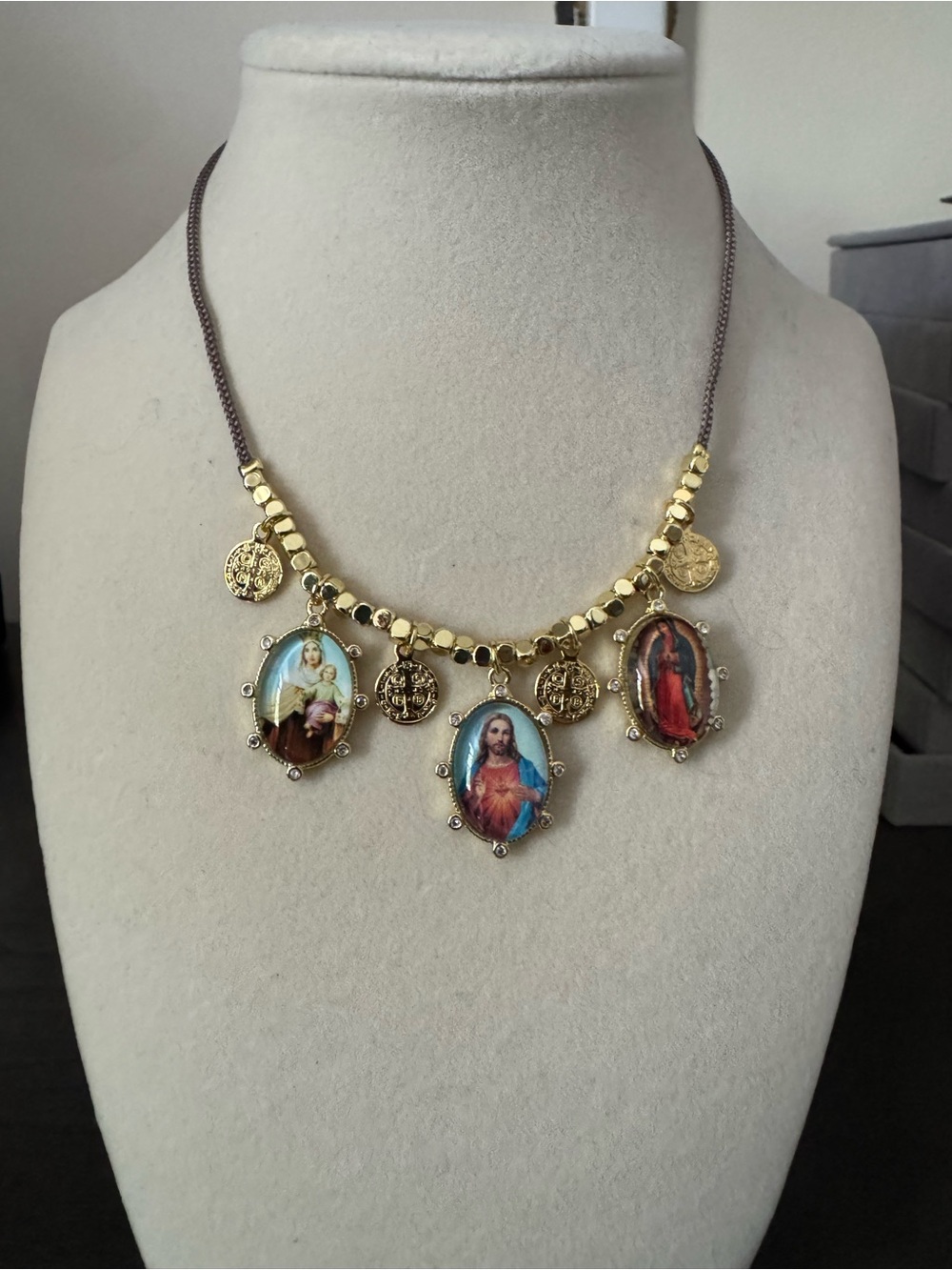 Gold-Tone Religious Charm Necklace with Multi-Color Medallions